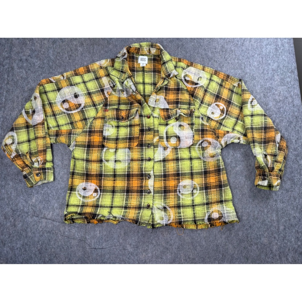 BDG Flannel Shirt Women S Green Plaid Cotton Y2K Yin Yang Smiley Grunge Crop